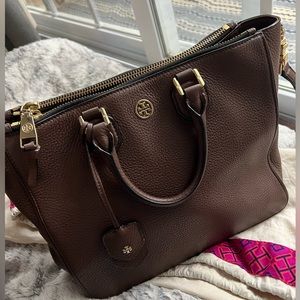 Tory Burch Dark Brown Pebbled Leather Double-Zip Satchel